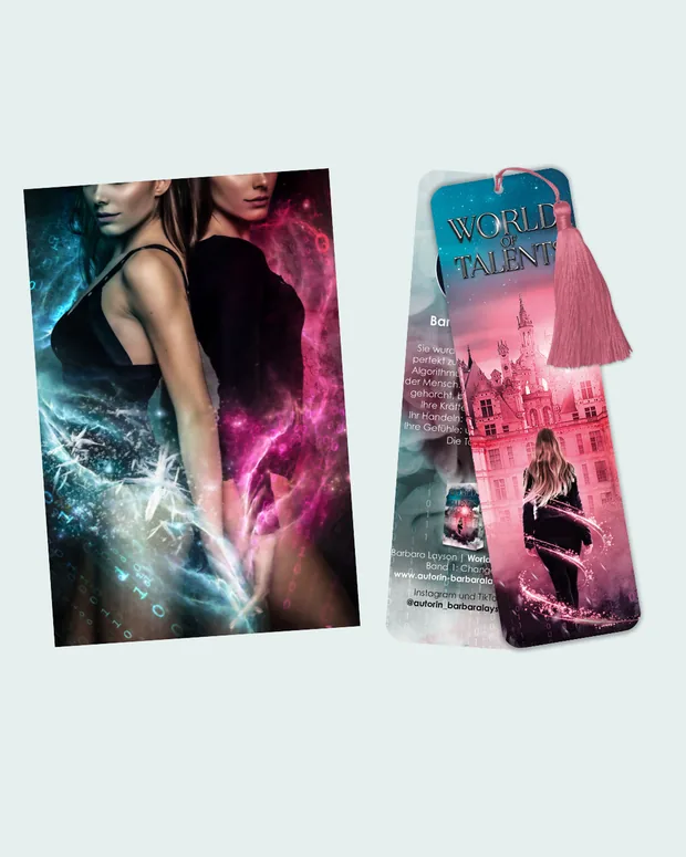 Charakterkarte von Carmen und Ice und das Lesezeichen mit rosa Quaste